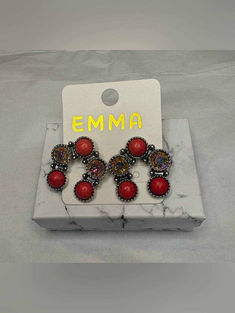 EMMA Horseshoe Silver Tone Iridescent Crystals/Red Round Stones Earrings
